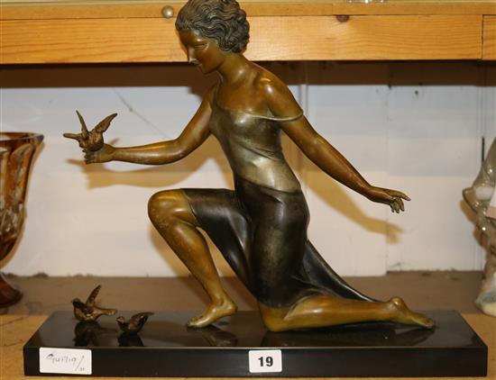 French Art Deco model of a girl with birds (signed)